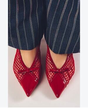 BIBI LOU Anthropologie Mesh Slingback Bow Kitten Heels Red Size 39/8.8.5